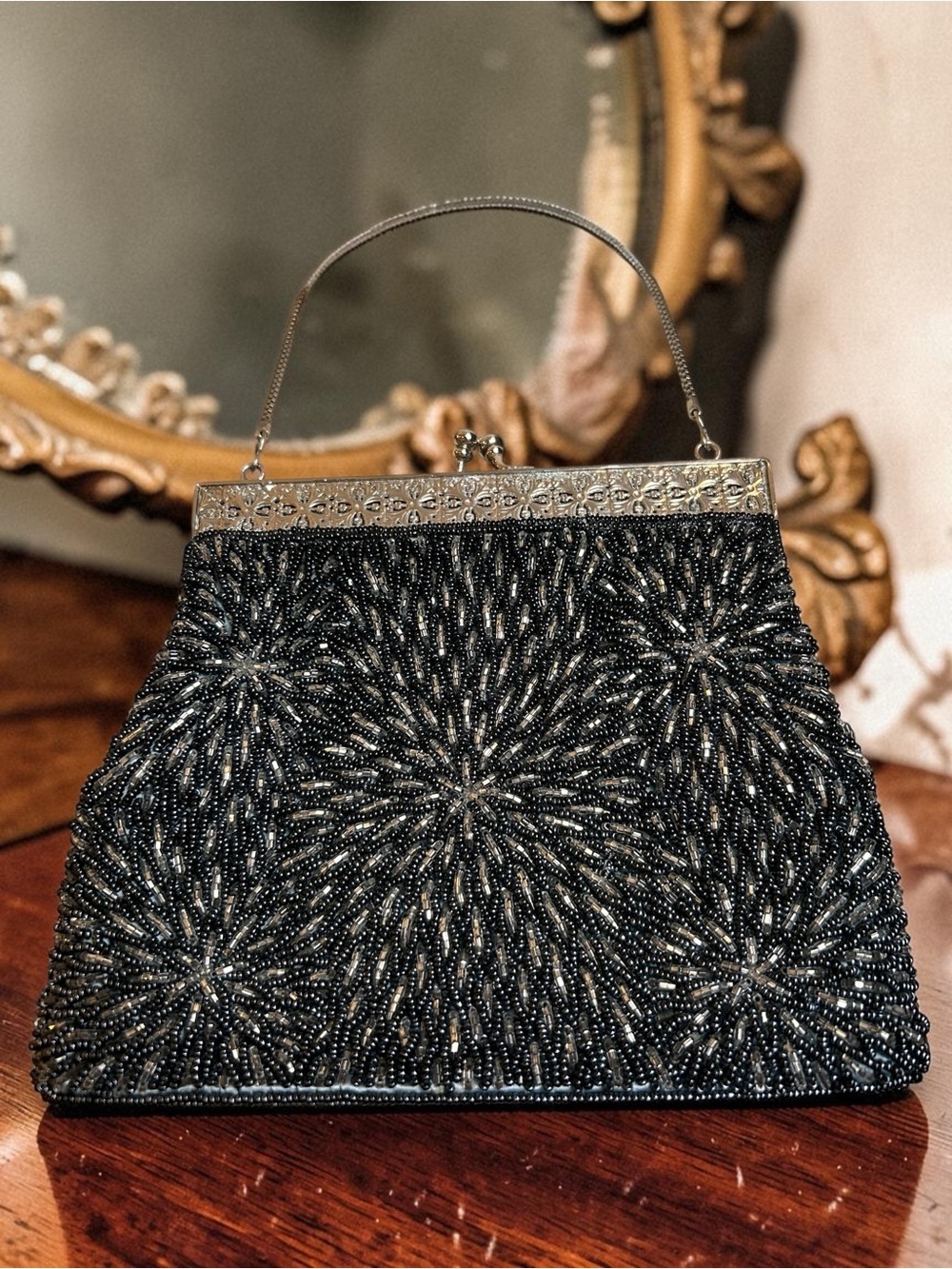 Vintage Black Beaded Evening Bag, Silver Tone Frame Kiss-Lock Purse Art Deco